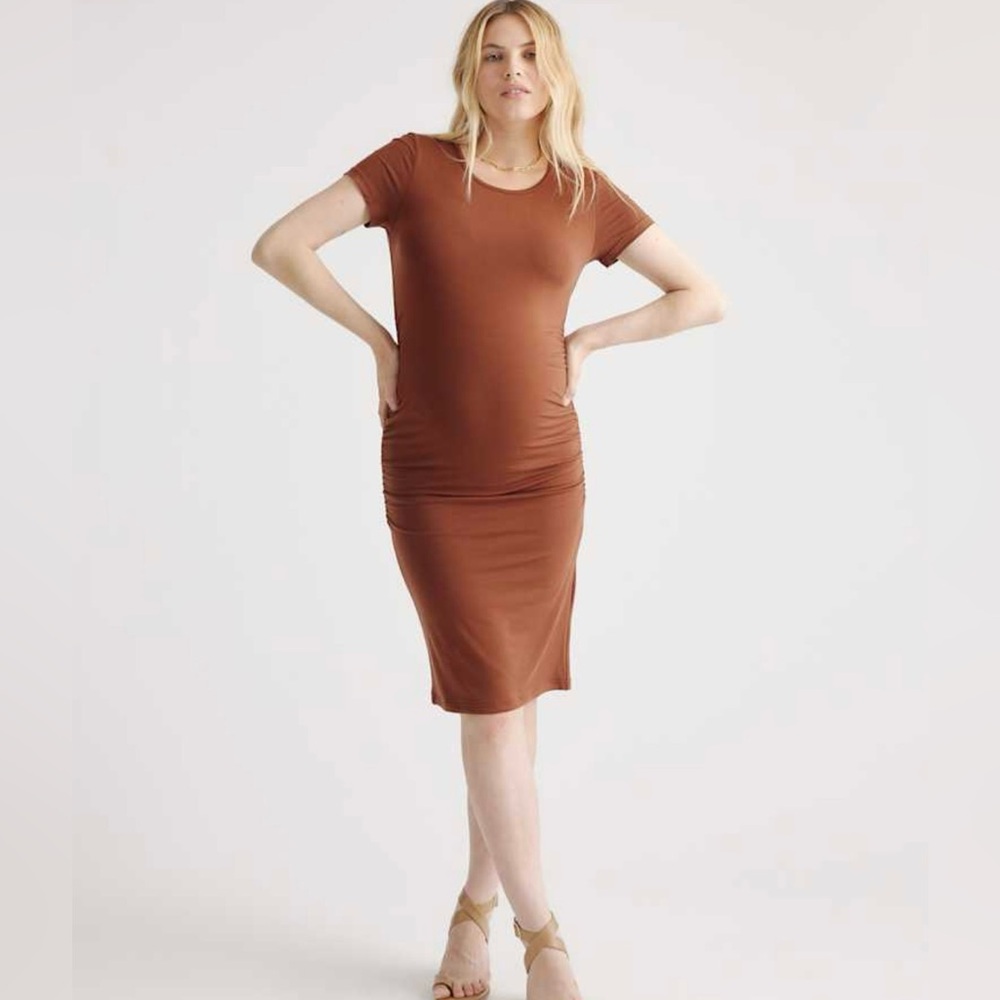 Quince Maternity Dress Sz S Chocolate Brown Midi Jersey Tencel Ruched Stretch